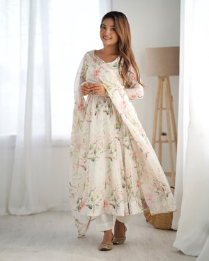 Organza Silk Printed Anarkali Set – Off White
