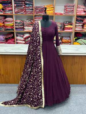 Georgette Embroidered Gown Set – Wine
