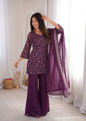 Crunchy Silk Embroidered Bell Bottom Set – Wine