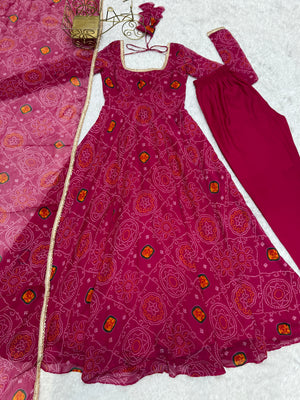 Soft Lightweight Chiffon Bandhej Fabric Inner Micro Cotton Embroidered Anarkali Set – Pink