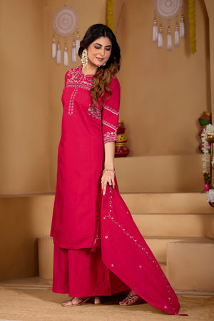 Viscose Mango Silk Embroidered Anarkali Kurti Set – Rani Pink