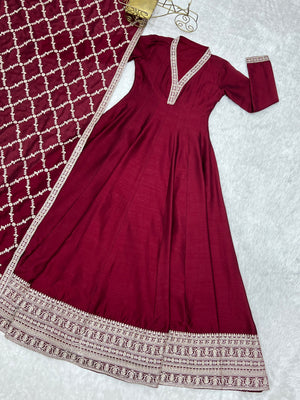 Vichitra Silk Embroidered Gown Set – Maroon
