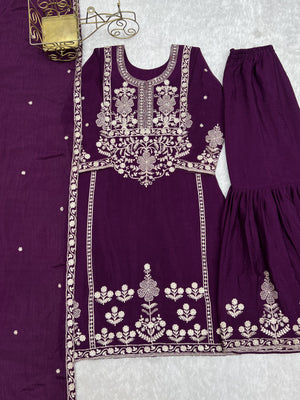 Chinon Silk Embroidered Kurta-Sharara Set – Purple