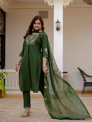 Pure Viscose Mango Silk Embroidered Straight Kurti Set – Green