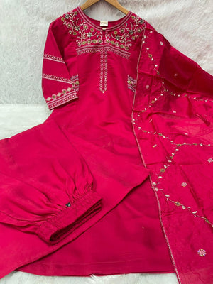 Viscose Mango Silk Embroidered Anarkali Kurti Set – Rani Pink