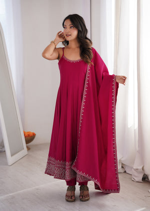 Roman Chanderi Silk Embroidered Anarkali Set – Rani Pink
