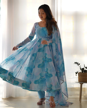 Organza Silk Printed Anarkali Set – Sky Blue