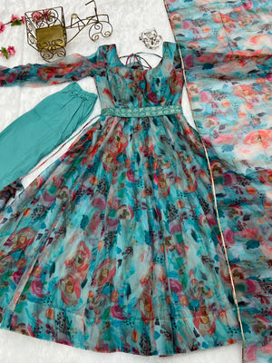 Organza Silk Printed Anarkali Set – Sky Floral