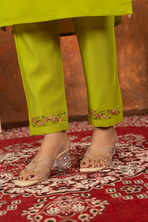 Marina Silk Embroidered Straight Kurti Set – Parrot Green