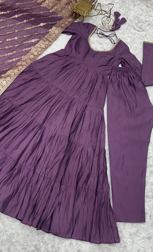 Roman Chanderi Silk Embroidered Anarkali Set – Purple
