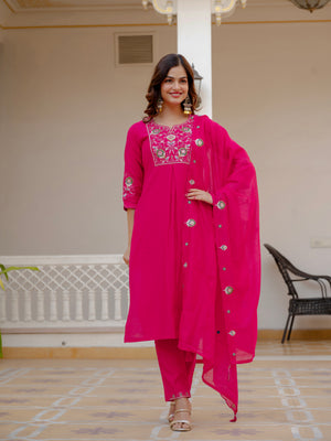Pure Viscose Mango Silk Embroidered Straight Kurti Set – Pink