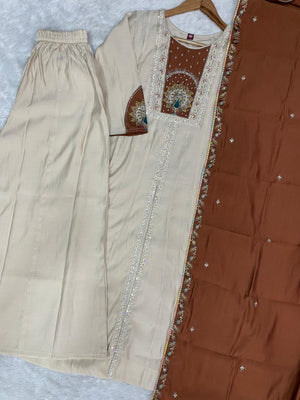 Roman Silk Embroidered Anarkali Kurti Set – Cream