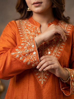 Cp Vichitra Silk Embroidered Kurta Pant Dupatta Set – Rust Orange