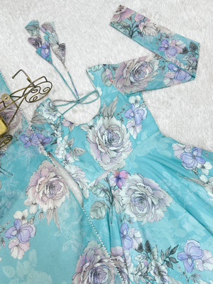 Georgette Printed Gown Set – Sky Blue Floral