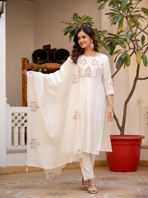 Pure Viscose Mango Silk Embroidered Straight Kurti Set – White