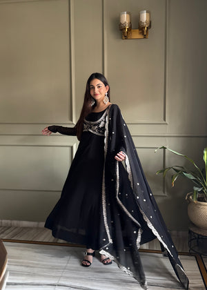 Georgette Embroidered Anarkali Set – Black