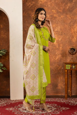 Marina Silk Embroidered Straight Kurti Set – Parrot Green