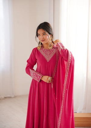 Roman Shimmer Silk Embroidered Anarkali Set – Rani Pink