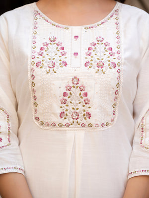 Pure Viscose Mango Silk Embroidered Straight Kurti Set – White