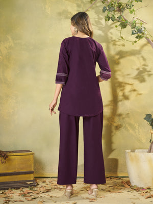 Pure Cotton Embroidered Co-Ords Set – Wine
