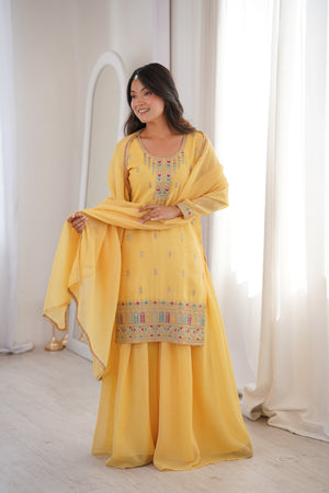 Crunchy Silk Embroidered Kurta-Sharara Set – Yellow