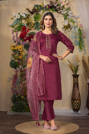 Roman Silk Embroidered Straight Kurti Set – Cerise