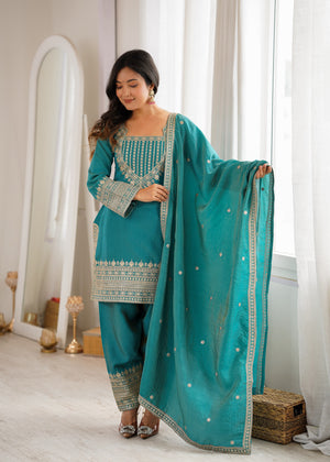 Vichitra Silk Embroidered Farshi Salwar Set – Sea Green