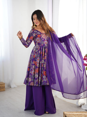Roman Chanderi Silk Printed Kurta-Palazzo Set – Purple