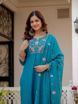 Pure Viscose Mango Silk Embroidered Straight Kurti Set – Firozi