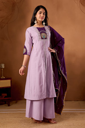 Roman Silk Embroidered Anarkali Kurti Set – Light Lovender
