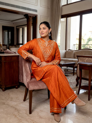 Cp Vichitra Silk Embroidered Kurta Pant Dupatta Set – Rust Orange