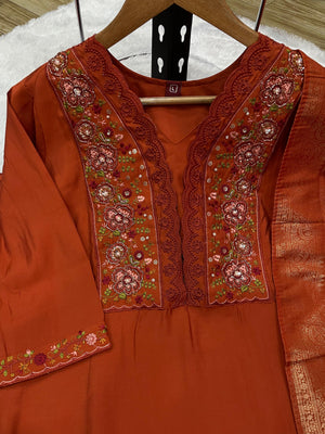 Roman Silk Embroidered Straight Kurti Set – Rust