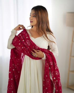 Vichitra Silk Designer Anarkali Set – Ivory & Rani Pink