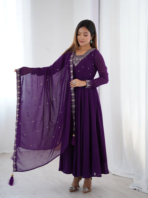 Georgette Embroidered Anarkali Set – Purple