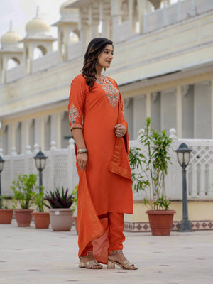Premium Roman Silk Embroidered Straight Kurti Set – Orange