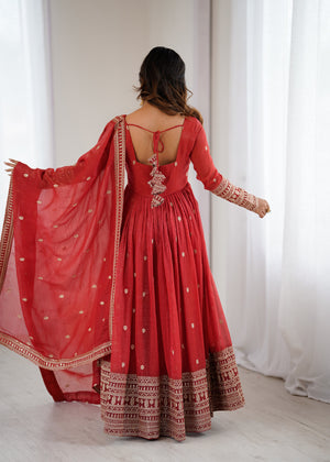 Crunchy Silk Embroidered Gown Set – Rust