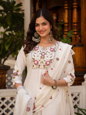 Pure Viscose Mango Silk Embroidered Straight Kurti Set – White