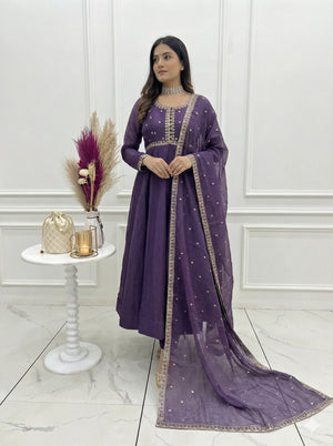 Crunchy Silk Embroidered Gown Set – Purple