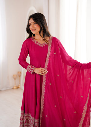 Vichitra Silk Embroidered Anarkali Set – Rani Pink