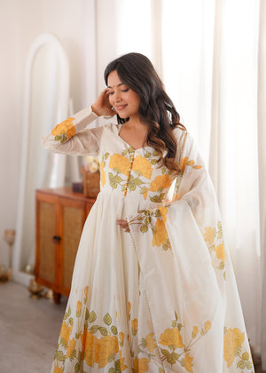 Organza Silk Printed Anarkali Set – Ivory Floral