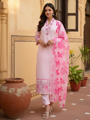 Chanderi Printed Kurta Pant Dupatta Set – Pink