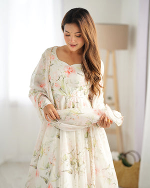 Organza Silk Printed Anarkali Set – Off White