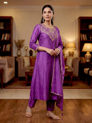 Vichitra Silk Embroidered Kurta Pant Dupatta Set – Purple