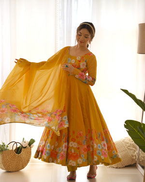 Organza Silk Printed Anarkali Set – Yellow