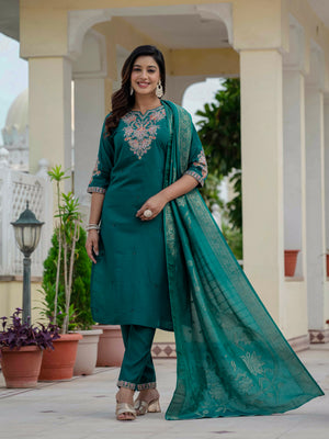 Premium Roman Silk Embroidered Straight Kurti Set – Rama Green