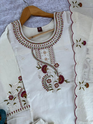Roman Silk Embroidered Straight Kurti Set – White