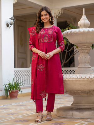 Pure Viscose Mango Silk Embroidered Straight Kurti Set – Pink