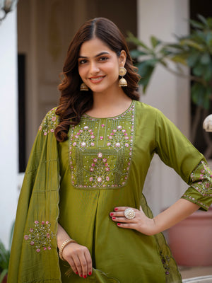 Pure Viscose Mango Silk Embroidered Straight Kurti Set – Mhendi Green