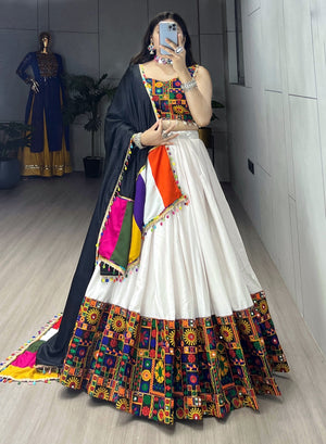 Navratri White Gamthi Mirror Work Lehenga Set