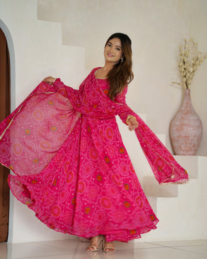 Soft Lightweight Chiffon Bandhej Fabric Inner Micro Cotton Embroidered Anarkali Set – Pink